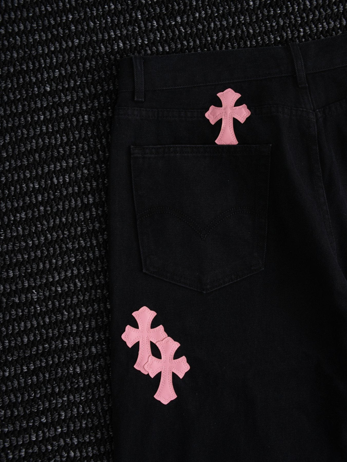 Chrome Hearts Pink Cross Patch Black Jeans — detail